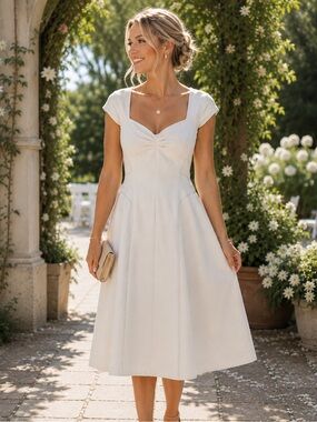 Rebecca Taylor Ivory Silk Lined Fit & Flare Midi Dress Cap Sleeve Size 8